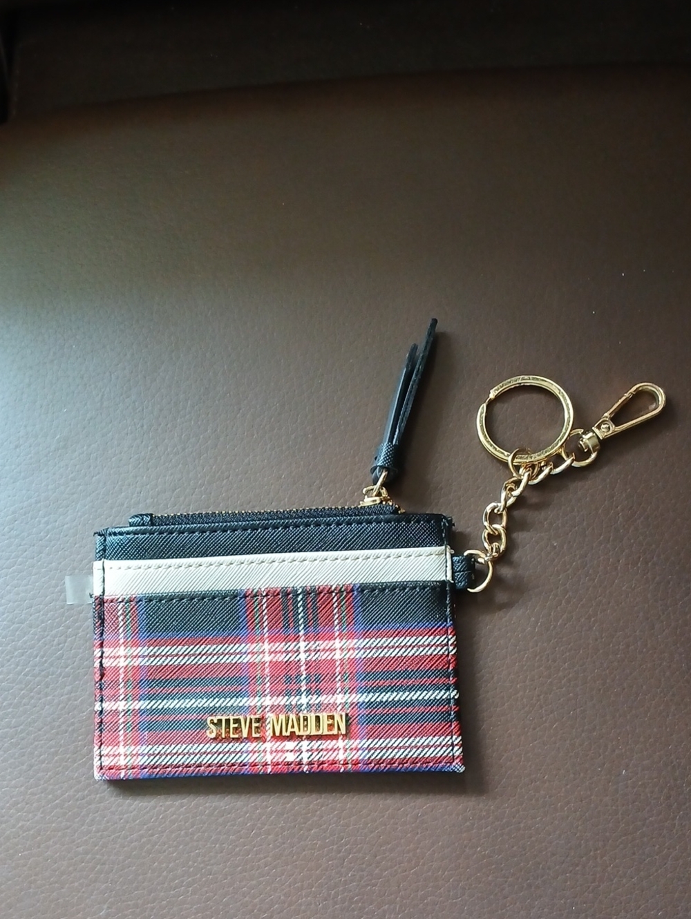 Steve Madden Red Black White Plaid Cardholder with Gold Keyring